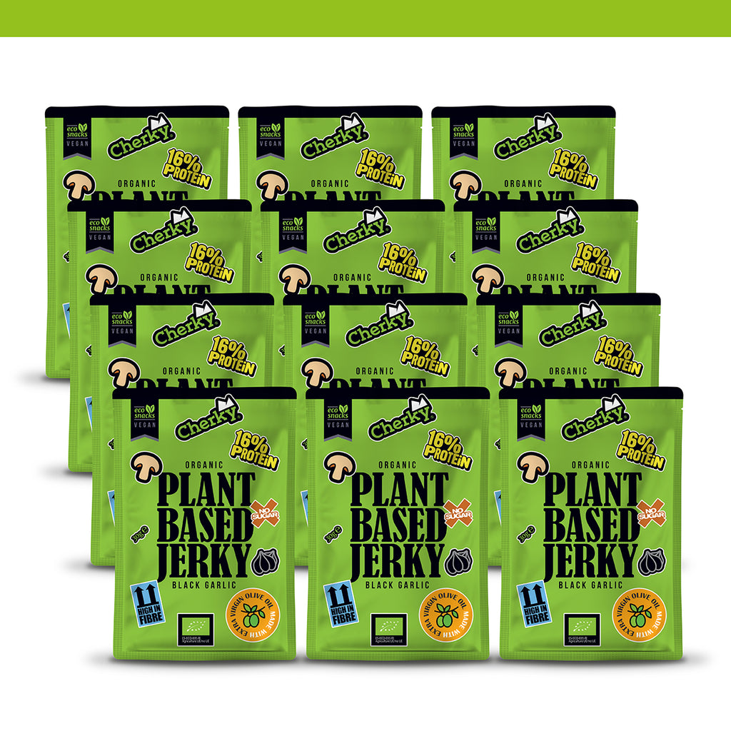 PACK 12 · ECO · plant based jerky · BLACK GARLIC & COFFEE