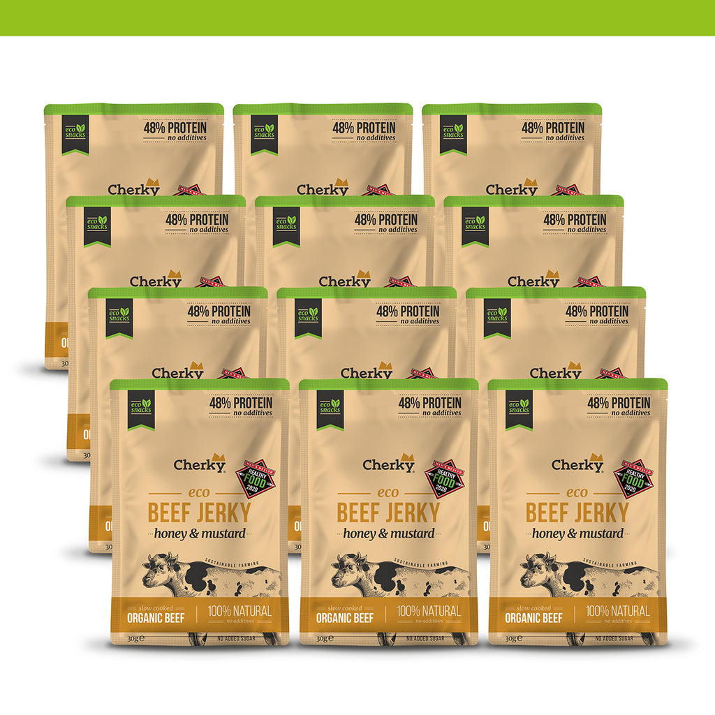 ECO · beef jerky · MIEL Y MOSTAZA